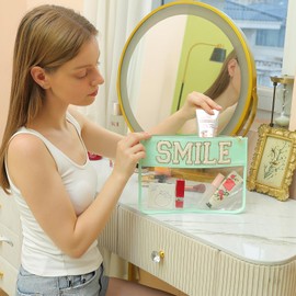 YogoRun Clear Makeup Bag Glitter Chenille Toiletry Travel Bag Sunscreen Bag Nyon Zipper Pouch Transparent Preppy Stuff Pouch for Women(Mint-Smile)