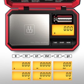 UNIWEIGH Travel Digital Pocket Scale 200g/0.01g, Digital Gram Scales, Mini Food Scale with 50g Calibration Weight for Food, Powder, Dry Herb, Tea, Jewelry, Coins (Battery Included)-Red