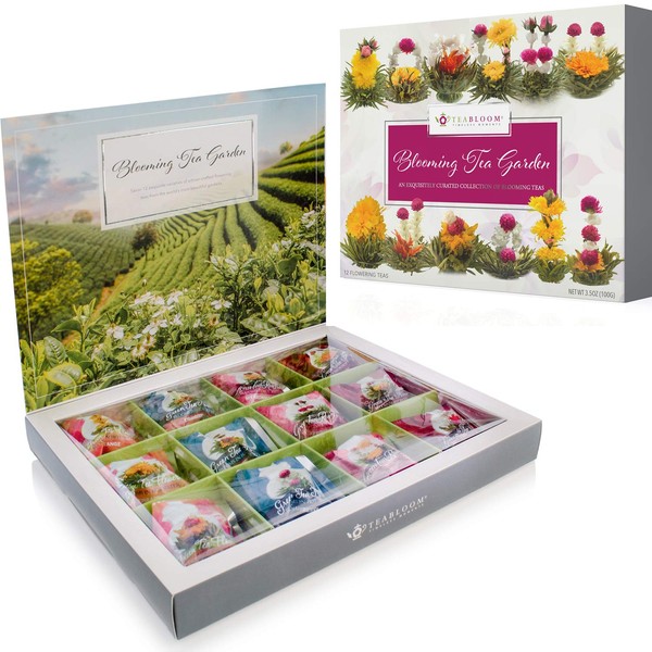 Teabloom Flowering Tea Chest - Finest Quality Blooming Tea Collection From The World's Most Beautiful Gardens - 12 Best-Selling Varieties of Flowering Teas Packaged in Beautiful Gift-Ready Tea Box