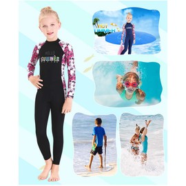 Full Body Kids Swimsuit One Piece Rash Guard Long Sleeve Wetsuit Skin for Girls Boys Children, Sunsuit Swimwear UPF 50+ UV Sun Protection Quick Dry for Beach Water Sports (Flower-Black, L)