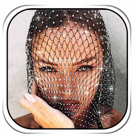 REETAN Rhinestone Mesh Mask Black Sparkly Nightclub Headwear Rave Party Face Covers Body Jewelry Accessories for Women