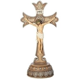 Fleur-de-lis Crucifix Bronze Tone Detailed 6 x 12 Resin Stone Tabletop Figurine