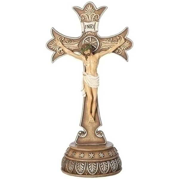 Fleur-de-lis Crucifix Bronze Tone Detailed 6 x 12 Resin Stone