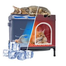 Cooling Cat House - Dual Use Cat Bed with Heated Pad & Fan - Foldable Long Lasting Coolness Air Condition Cat Mat with 10 Ice Packs - All Seasons in Hot Summer & Cold Winter - Easy Clean and Assemble