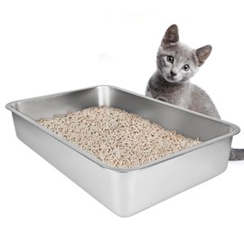 IKITCHEN Stainless Steel Cat Litter Box, Large Metal Litter Box for Cats, Never Absorbs Odors,Stain Free, Rustproof, Non Stick Smooth Surface, Anti-Slip Rubber Bottom, 19.5" L x 13.5" W x 4" H