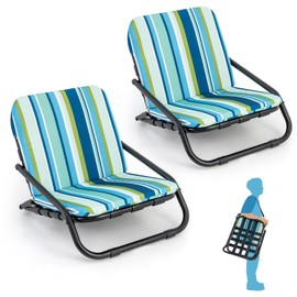 GYMAX Beach Chair, 2 Pack 300LBS Low Beach Chair with Shoulder Strap, Removable Cushion & Aluminum Frame, Folding Reclining Beach Chair, Heavy Duty Portable Beach Chair for Adults (1, Blue Stripe)