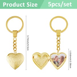 SUPERFINDINGS 5Pcs Heart Locket Pendant Keychain Vintage Carved Flower Pattern Heart Key Rings Golden Brass Photo Locket Keychain for Women Key Valentines Jewelry Gift