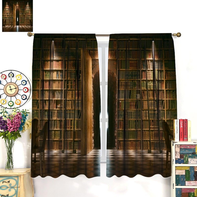 Focusbrite Bookshelf Curtains, Vintage Library with Books Window Treatments for