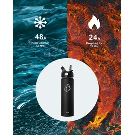 Insulated Water Bottle, BUZIO Stainless Steel Water Bottle with Straw 650 ml Double Walled Wide Mouth Sports Drink Flask with BPA Free Straw Lid and Flex Cap Cold for 48 Hrs, Indigo Black