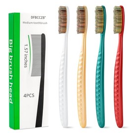 Juego de 4 cepillos de dientes de cabeza grande, tamaño mediano, súper duro, cabeza larga, para adultos, limpieza de manchas, blanqueamiento de dientes