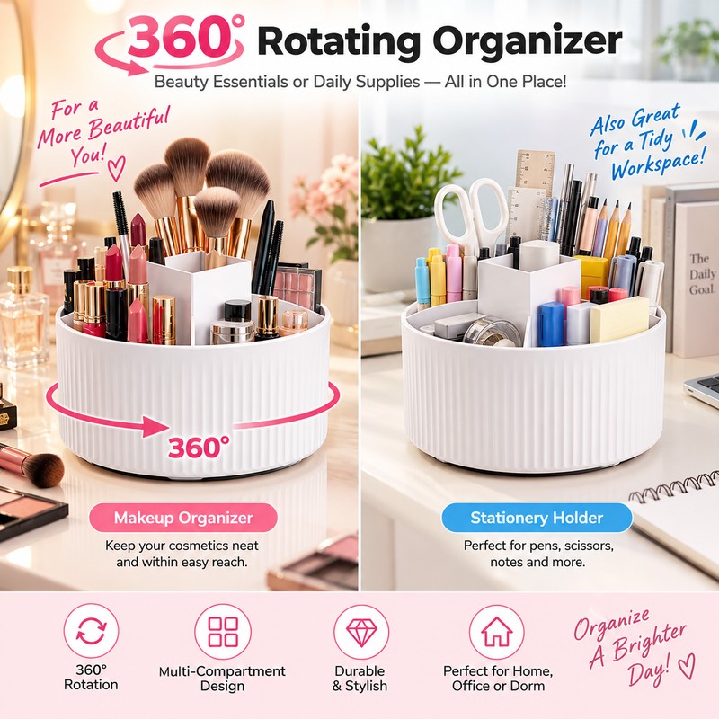 Rotating Makeup Brush Organizer for Vanity Storage – 360° Spinning