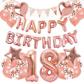 18th Birthday Balloons, Decorated, 31.5 inches (80 cm), 18 Number Balloons, Combination of Happy Birthday Banners, Happy Birthday, Rose Gold, Heart Balloons, Confetti Balloons, Birthday, Decoration
