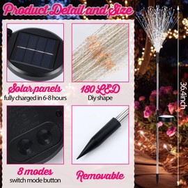 Tujoe 4 Pack Valentines Day Solar Firework Lights 180 LED 8 Lighting Modes Waterproof Solar Lamps Decorative Garden Stake Lights for Valentines Wedding Party Pathway Patio Decor(White, Pink, Red)