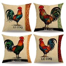Farmhouse Rooster Throw Pillow Cover 18x18 inch,Vintage French Country Rooster with Damask Border Pillowcases Watercolor Chicken Home Decor Cushion Cases 4Pack for Rustic Home Decor(Green, 18" x 18")