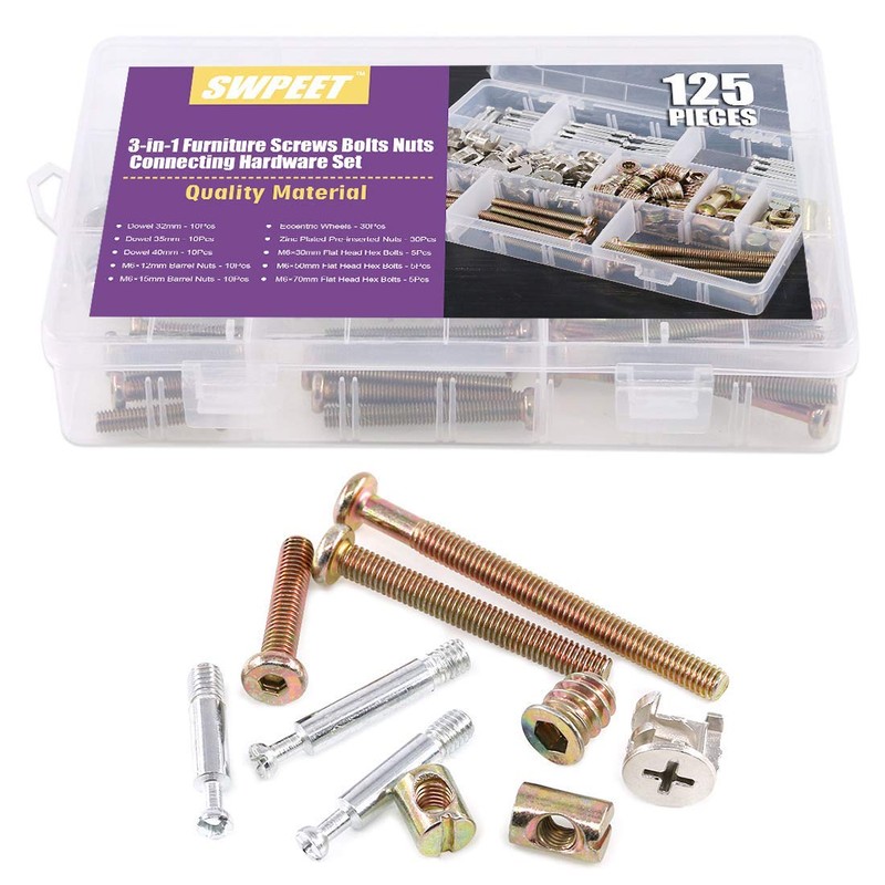 125Pcs 3-in-1 Bolt Nut Connection Crib Screws Kit,Cam Fitting with