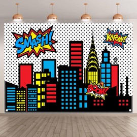 Yriujul 8x6ft Superhero Cityscape Photography Backdrop Skyline Buildings City Boom Background Kids Birthday Banner Party Baby Shower Decorations Photo Props