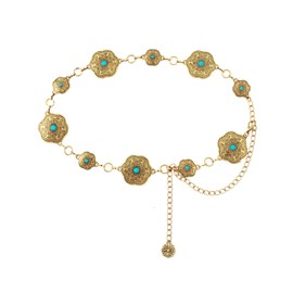 BEMYLV Western Concho Belts for Women Turquoise Flower Bronze Metal Chain Cowgirl Belt for Dresses Jeans