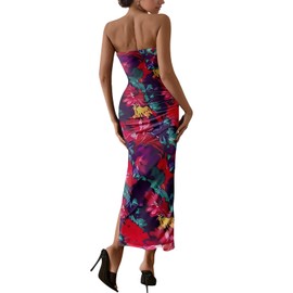 Women's Tube Top Maxi Dresses Printed Tie Dye Strapless Bodycon Long Dress Split Side Sleeveless Party Elegant Outfits