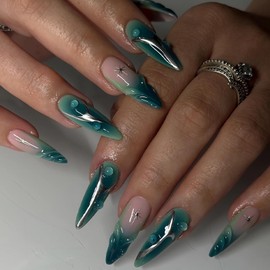 BABALAL Press on Nails Almond Medium Fake Nails Emerald Green Glue on 3D Texture Design Handmade Acrylic False Nails French Tip Y2k Sliver Chrome 24Pcs Glossy Stiletto Stick on
