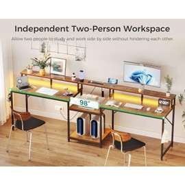 Coleshome 98" Home Office Computer Desks with Storage Shelves- 2 Person Writing Desk with LED Lights & Power Outlet, Long Two Person Desk with Monitor Stand, Double Study/Work Table Workstation, Brown