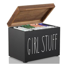Jomeis Girl Stuff Storage Box | Bathroom Organizer for Feminine Hygiene Products | Wooden with Hinged Lid | Discreet & Stylish Storage for Pads, Tampons, Liners - Black & Natural Wood