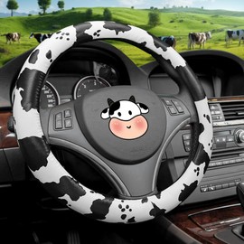 SuperKaKa Black Cow Print Steering Wheel Cover 2024, PU Cute Auto Cow-Pattern Breathable Slip-Proof Comfort Leather Covers Universal Protector Car Interior Accessories for Women Men (Black)