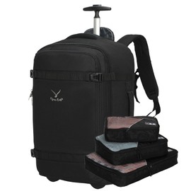 Hynes Eagle Rolling Backpack 42L Backpack with Wheels Airline Approved Carry on Luggage Laptop Travel Backpack for Women Men Jet Black with 3PCS Packing Cubes Set Black