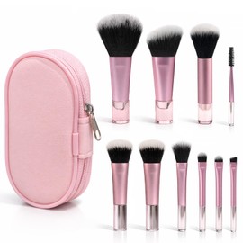10-Piece Mini Pink Travel Makeup Brush Set with Pouch, Pink Portable Professional Cosmetic Brushes for Blush, Powder & Eyeshadow ﻿