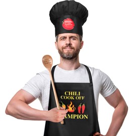 3 Pcs Chili Cook off Trophies Chili Cook off Champion Black Apron Adjustable Chef Hats Funny Kitchen Cooking Hat Chili Cook off Wood Spoon Prizes Chili Cook off Prizes for Men Women Chili Festivals