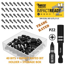 41 x SabreCut SCPA25_41 25mm PZ2 Impact Screwdriver Driver Bits Set Single Ended Pozidriv POZI No.2 Heavy Duty including Bit holder and Storage Box
