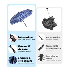 HW CASA Faltbarer Regenschirm, winddicht, klassisch, 105 cm, großer Regenschirm mit 8 Rippen aus Glasfaserlegierung, automatisches Öffnen, tragbarer Reiseschirm, blau, Upgrade