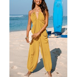 CUPSHE Women's Plunge Halter Sleeveless Pleated Long Romper Knit Jogger Maxi Jumpsuit with Pockets, Yellow, Large