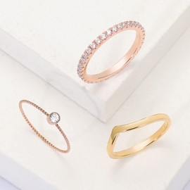 Vakki 3 pieces 1 mm + 2 mm + 3 mm zirconia twist ring golden V-shaped rose gold ring women's titanium rings set wedding engagement ring size 52-59 (16.6-18.8), Titanium steel