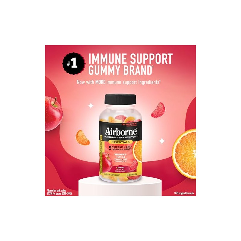 Airborne Immune Essentials Gummies, Orchard Fruit, 132ct | 400mg Vitamin