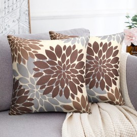 Cushion Covers 45 x 45 cm Sofa Cushion Cover Grey and Brown Modern Linen Cushion Cover Set of 2 Dahlia Geometric Floral Square Abstract Decorative Cushion Cover for Sofa Living Room Christmas