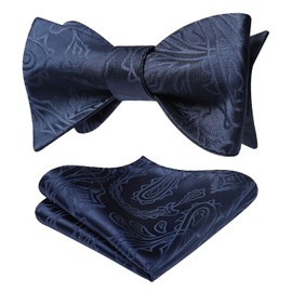 HISDERN Men's Bow Tie Floral Self Bow Tie and Pocket Square Set Flowers Jacquard Bow Tie Set for Wedding Celebration, Navy Blue -2