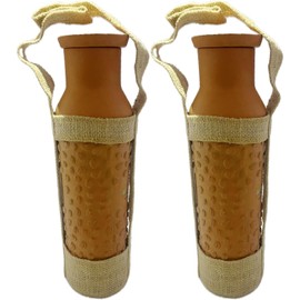 Traditional Earthenware Terracotta Water Bottle (1 Liter) with Vacuum Lid | Natural Cooling & Alkaline Properties | Perfect for Water Wine & Décor | Eco-Friendly Gift with Jute-Made Bottle Carrier
