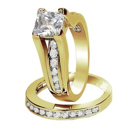 MABELLA Gold Plated Stainless Steel Cubic Zirconia Princess Cut Women's Wedding Engagement Bridal Ring Set Size 9