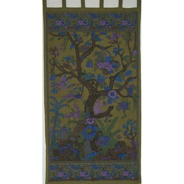 India Arts Tree of Life Print Tab-Top Cotton Curtain Panel-88 Lx44 W-Olive Green