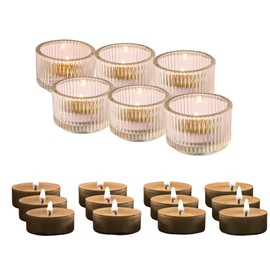 LIFEMINT , Set De 6 Portavelas De Vidrio + 12 Velas De Te, Decoración Elegante para Hogar y Centro De Mesa, Velas y Portavelas, Portavelas De Lujo para Sala y Eventos