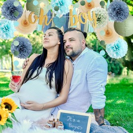 Dusty Blue and Sage Green Baby Shower Decorations Oh Boy Sage Green and Blue Baby Shower Decorations Light Beige Tissue Paper Pom Poms Fans Cream Tassel Garland Kit with Oh Boy Banner Gold