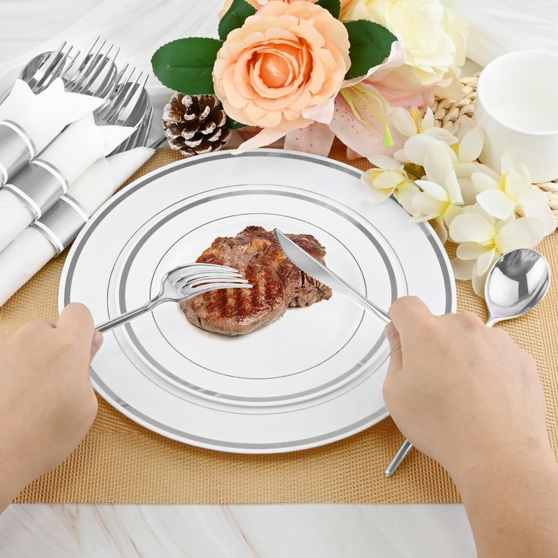 400PCS Pre-Rolled Plastic Cutlery Set Disposable - Wrapped Silver Plastic