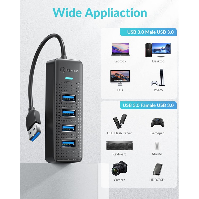 PHIXERO USB 3.2 Gen1 Compact Hub, USB A 4-Port Splitter