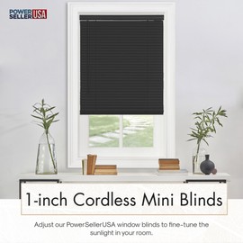 PowerSellerUSA 1" Slats Cordless Window Blinds, 48L x 34W Inches Solid Pattern Light Filtering Vinyl Indoor-Outside Ceiling Mount Mini Blind, Manual Cordless Rollup Window Privacy Blinds, Black
