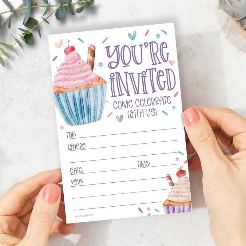 Cupcake Invitations Birthday (20 Count With Envelopes) - Watercolor Cupcakes