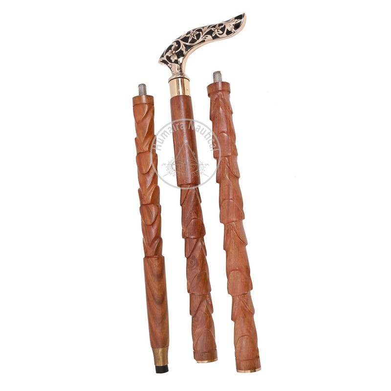 Solid Wood Handicrafts Vintage Unique Walking Stick Wooden Cane Brass