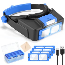 COYLAPY Headband Magnifier with Light, Rechargeable Magnifying Glasses for Close Work, 1.5X - 3.5X Magnify Headset with 4 Lenses, Jewelers Magnifying Glass Loupe Visor for Repair,Crafts, Hobby (Blue)