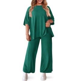 Beautife Womens Plus Size Lounge Sets Short Sleeve Tops Wide Leg Pants 2 Piece Outfits Tracksuit with Pockets Blackish Green