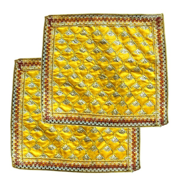 NAISHA Yellow Designer Aasan for Puja Cloth Mat Set of 2 (Size:-18 Inches X 18 Inches,) Mandir, Temple, Home, Office, Base, Chowki, Slab Article & Gifting