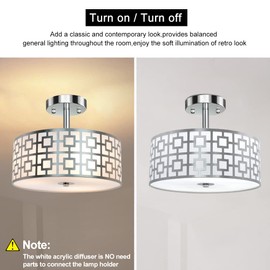 DLLT Semi Flush Mount Ceiling Light, 3-Light Modern Entry Light Fixture Ceiling Hanging with Drum Shade for Bedroom, Dining Room, Kitchen, Hallway, Entry, Living Room, Brushed Chrome Finish